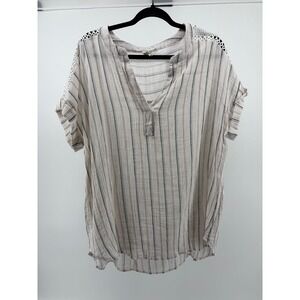 Perch By Blu Striped Linen Blend Shirt Blouse, White/Gray, SS, Sz 3X S180